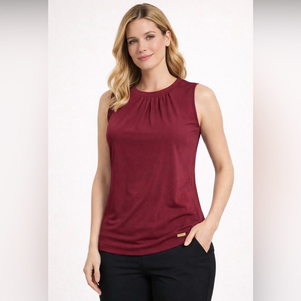 Calvin Klein Sleeveless Blouse NWT Large Red Pleated Neck Stretch Top
